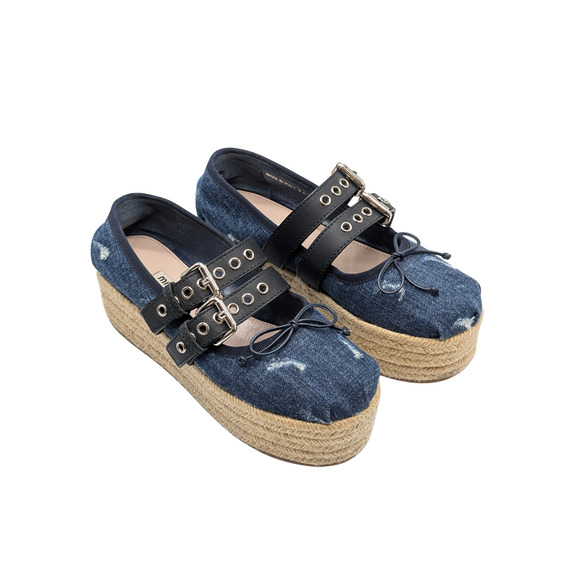 Miu Miu Denim Mary Jane Punk Espadrille Platforms Size 36.5 US 7 - Picture 1 of 9
